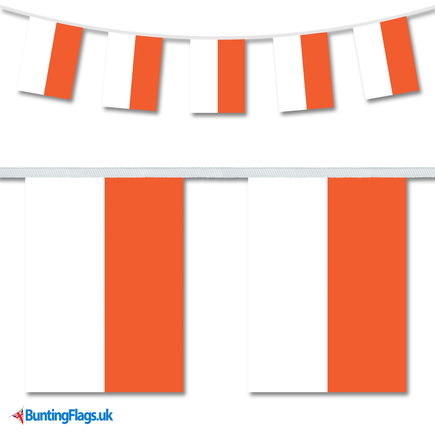 Monaco country flag bunting image, with the bunting hanging in a length, plus a close-up view showcasing the flag's colorful design.