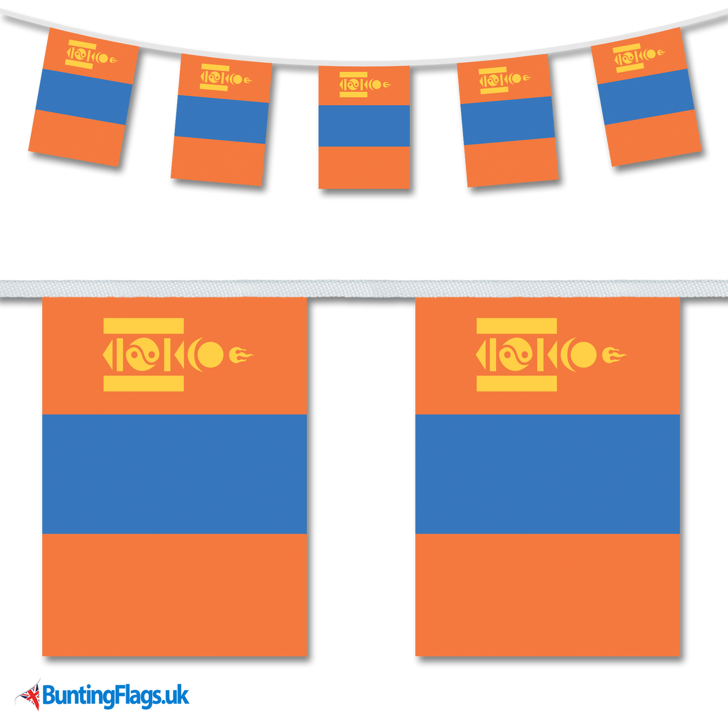 Mongolia country flag bunting image, with the bunting hanging in a length, plus a close-up view showcasing the flag's colorful design.