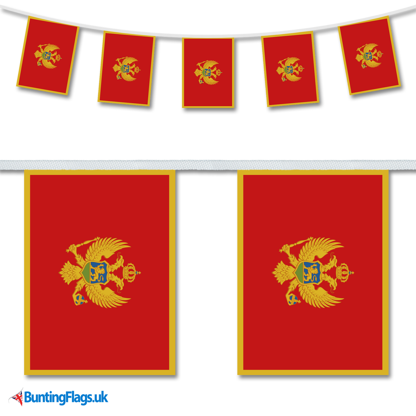 Montenegro country flag bunting image, with the bunting hanging in a length, plus a close-up view showcasing the flag's colorful design.