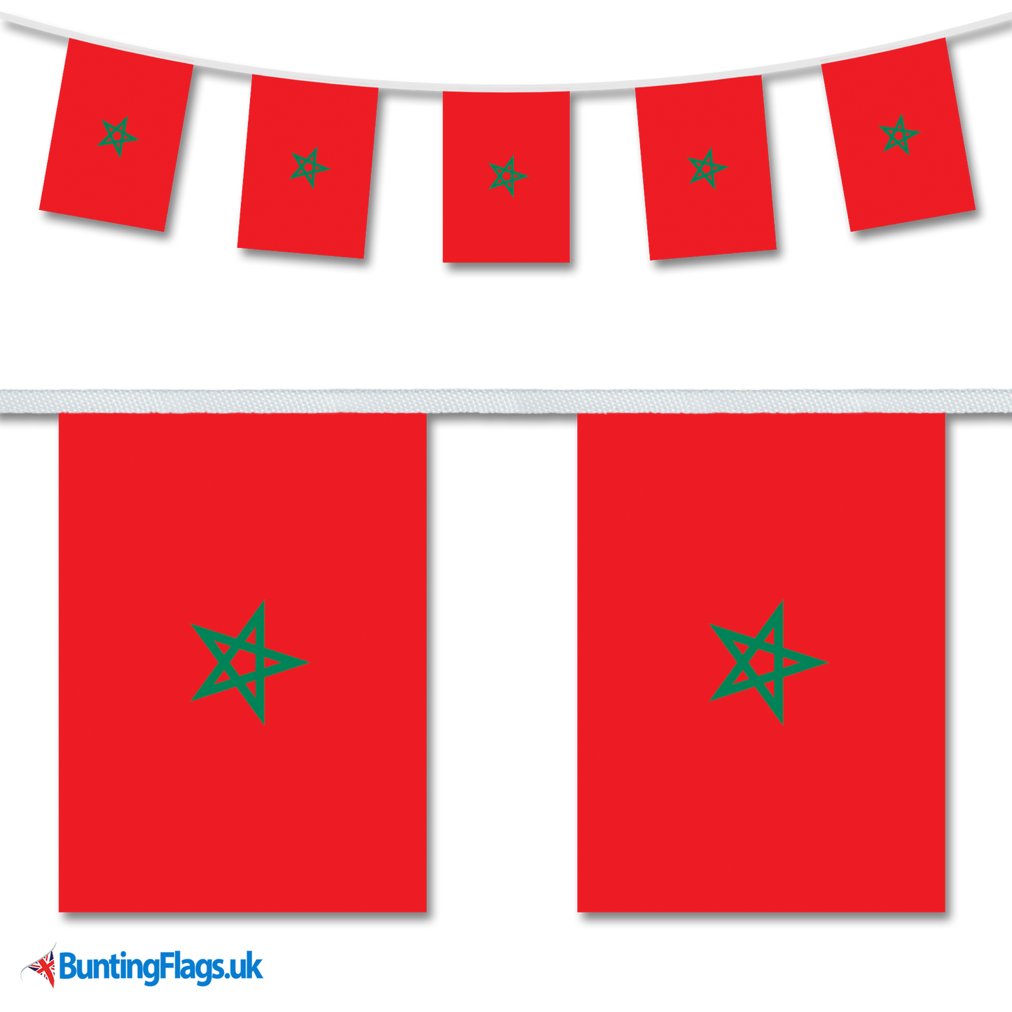 Morocco country flag bunting image, with the bunting hanging in a length, plus a close-up view showcasing the flag's colorful design.