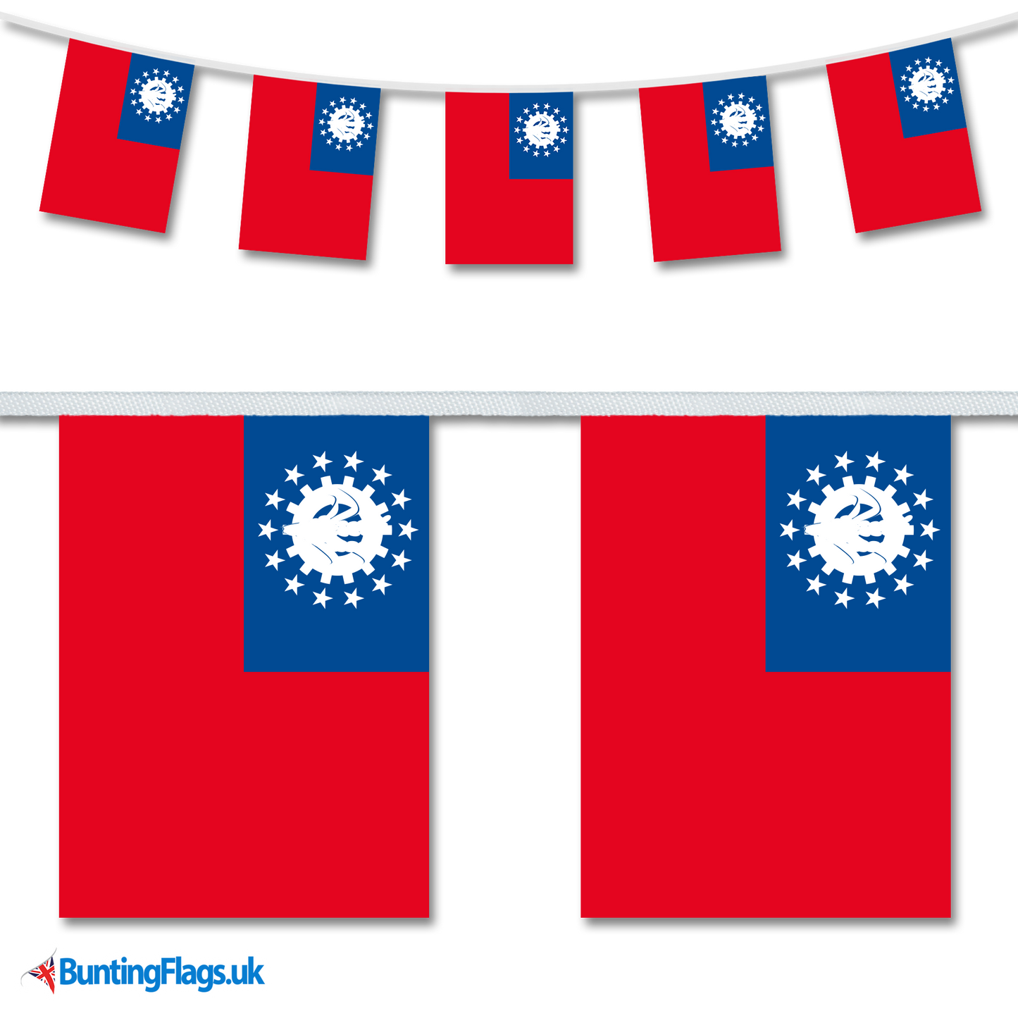 Myanmar country flag bunting image, with the bunting hanging in a length, plus a close-up view showcasing the flag's colorful design.