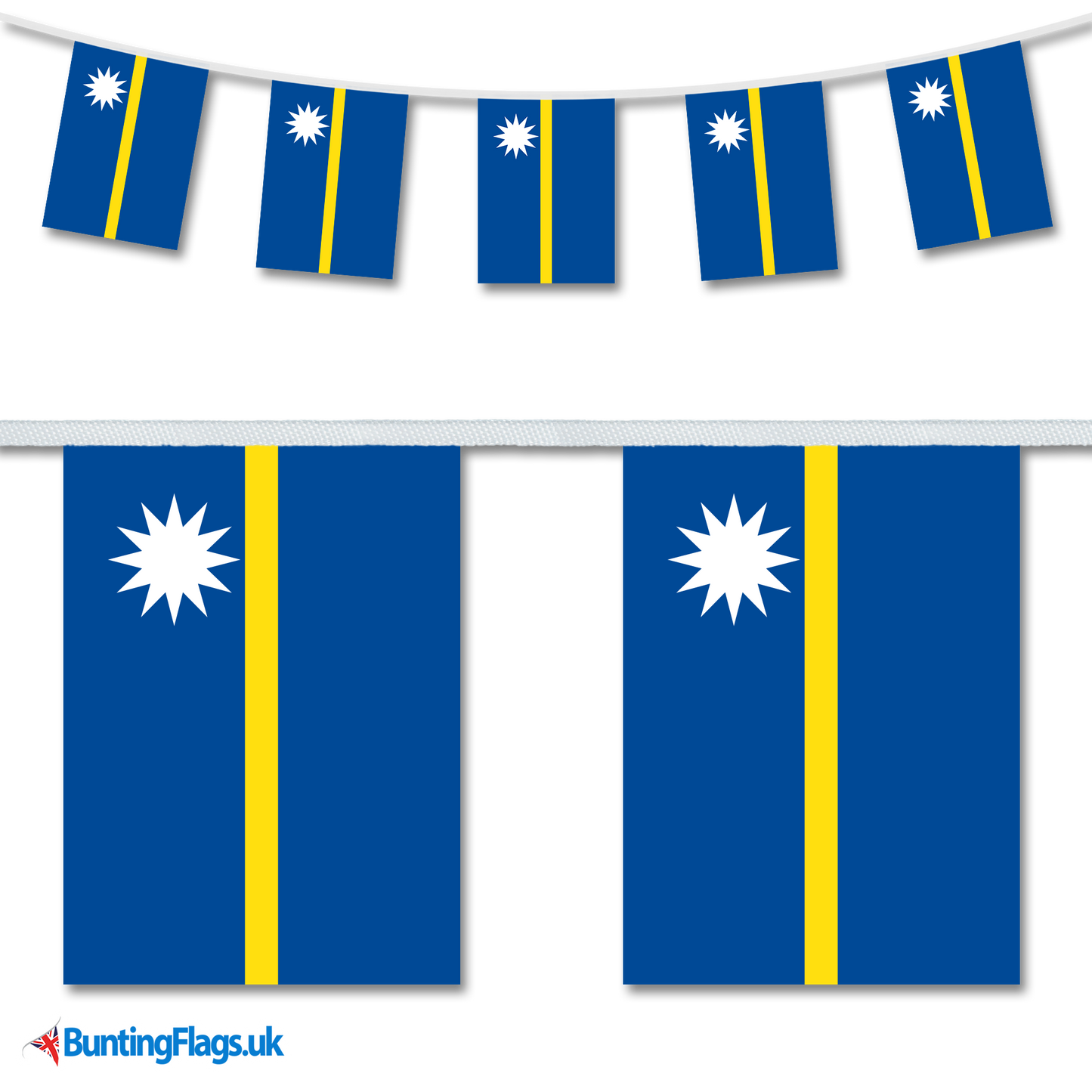 Nauru country flag bunting image, with the bunting hanging in a length, plus a close-up view showcasing the flag's colorful design.