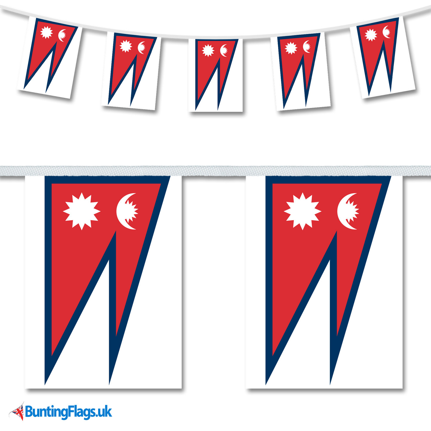 Nepal country flag bunting image, with the bunting hanging in a length, plus a close-up view showcasing the flag's colorful design.