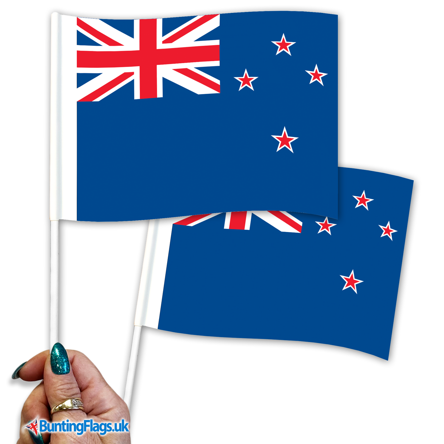 New Zealand hand waving flags