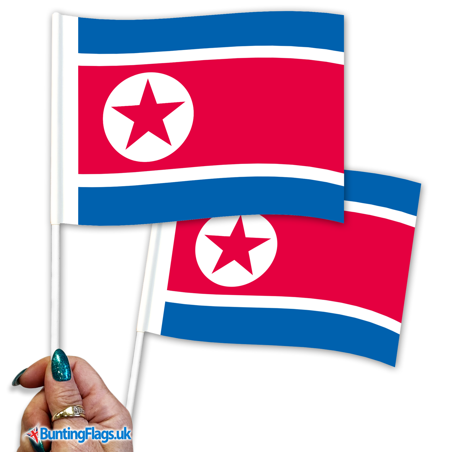 North Korea hand waving flags
