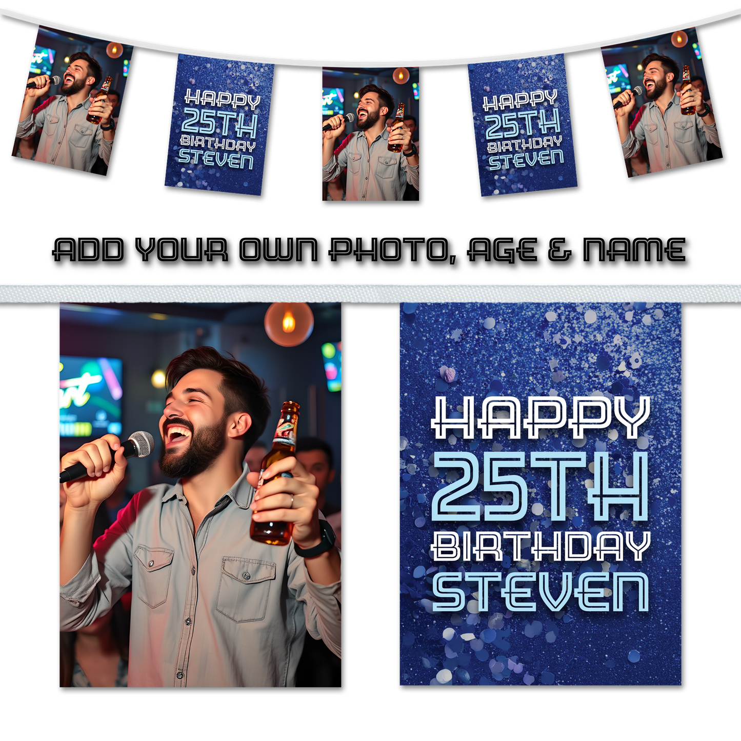 Personalised Birthday Bunting - Photo & Blue Glitter Design