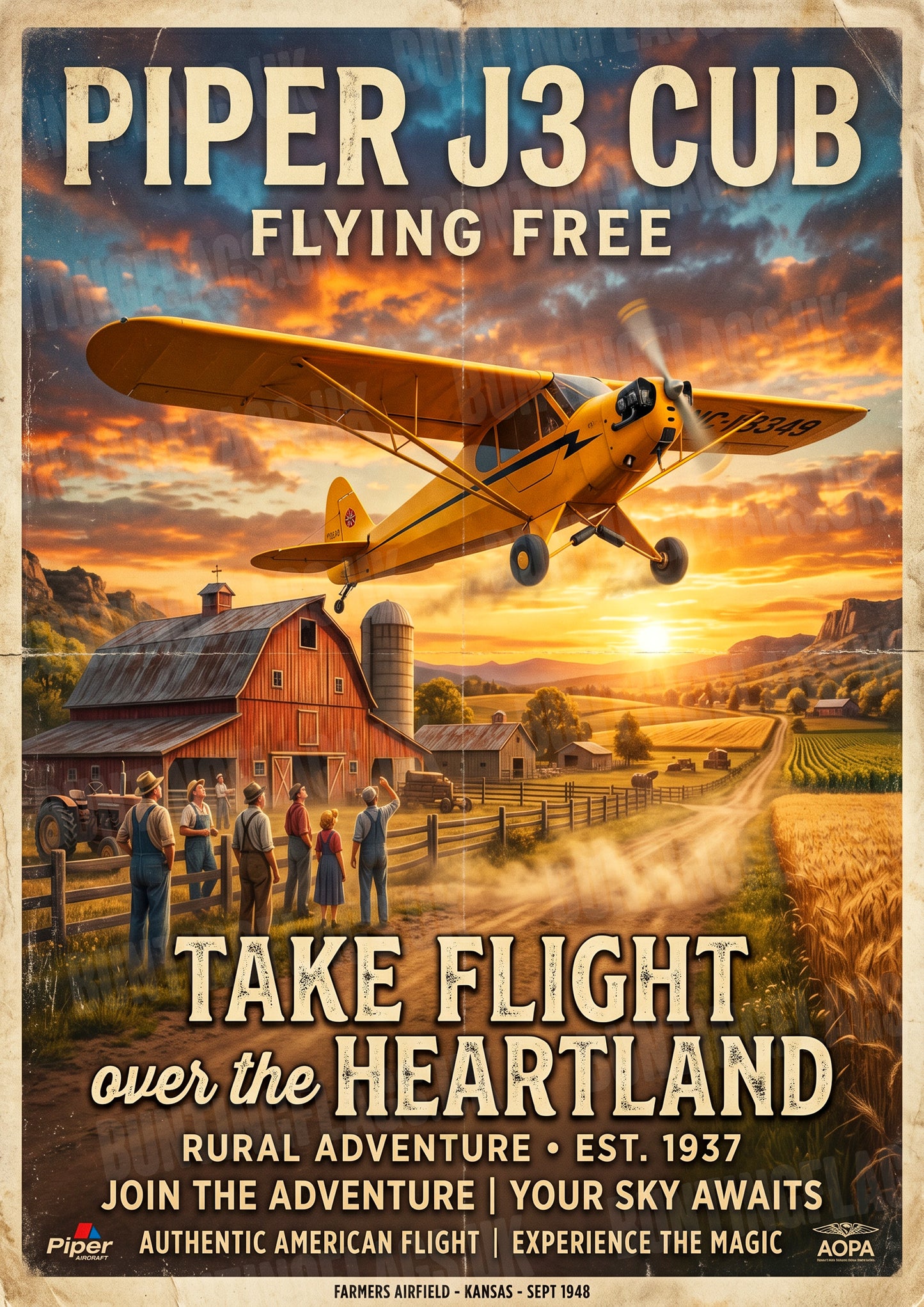 Piper J3 Cub – Flying Free Over the Heartland – Vintage Aviation Poster