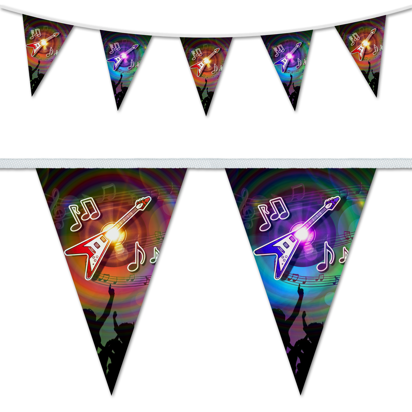 A series of triangular bunting flags with a rock guitar design, featuring colorful musical notes and a silhouette of a guitarist.