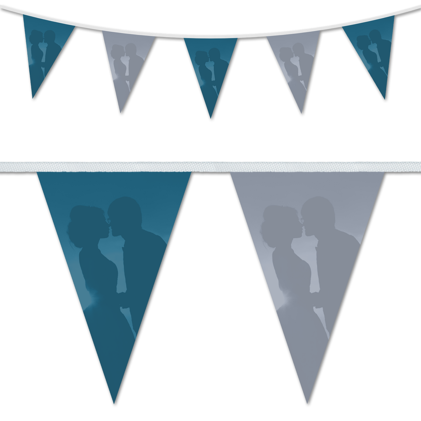Wedding day decorative triangular bunting in blue and grey with a couple in silhouette kissing