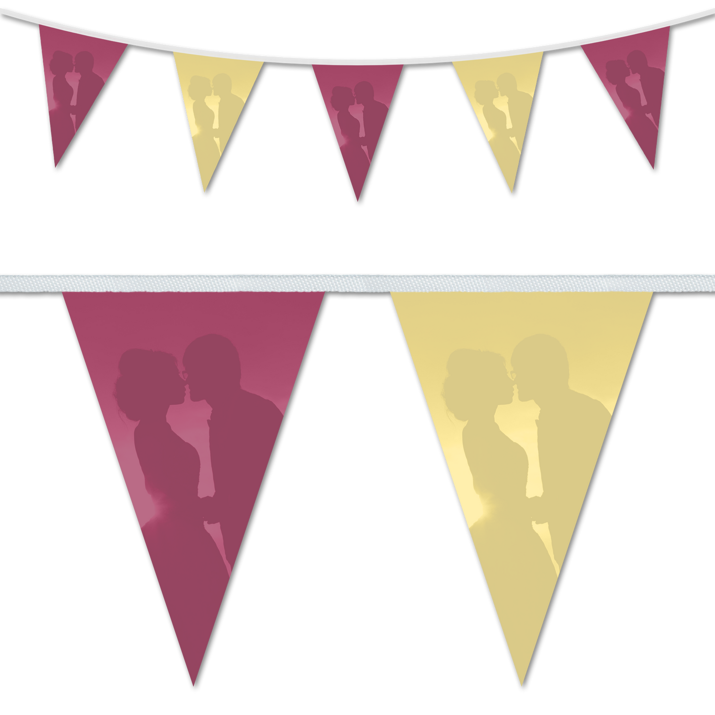 Wedding day decorative triangular bunting flags with a silhouette of a couple in the center, in burgundy and cream colours,