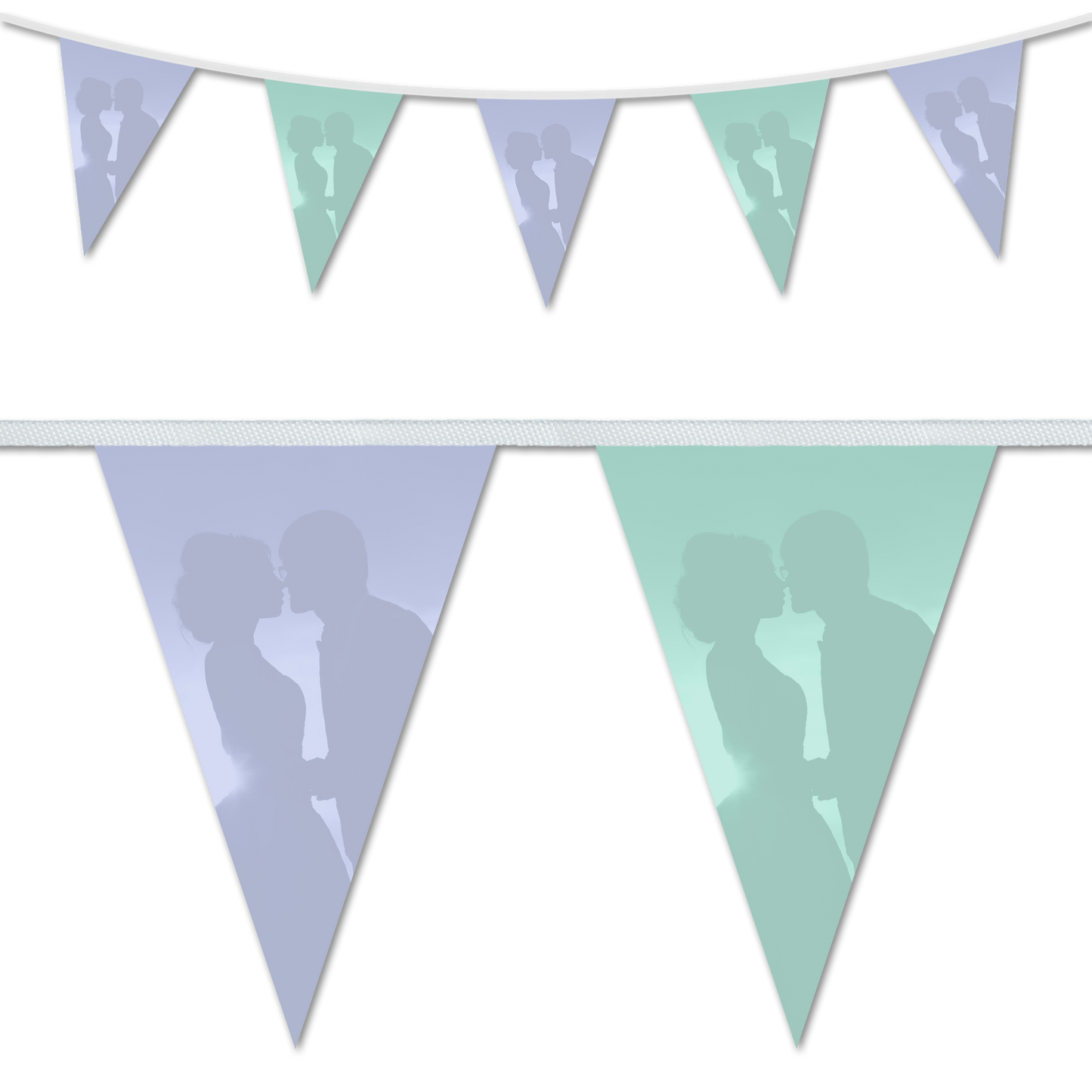 Wedding bunting flags with a silhouette of a couple kissing, in lilac and mint colors, designed for wedding decoration.