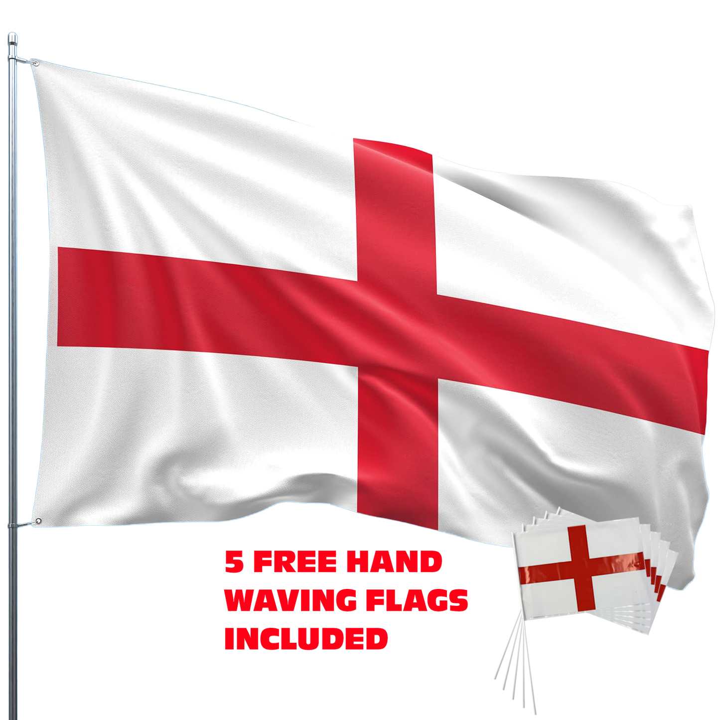 St Georges Cross England Flag Large (5 x 3ft) plus 5 free handwavers