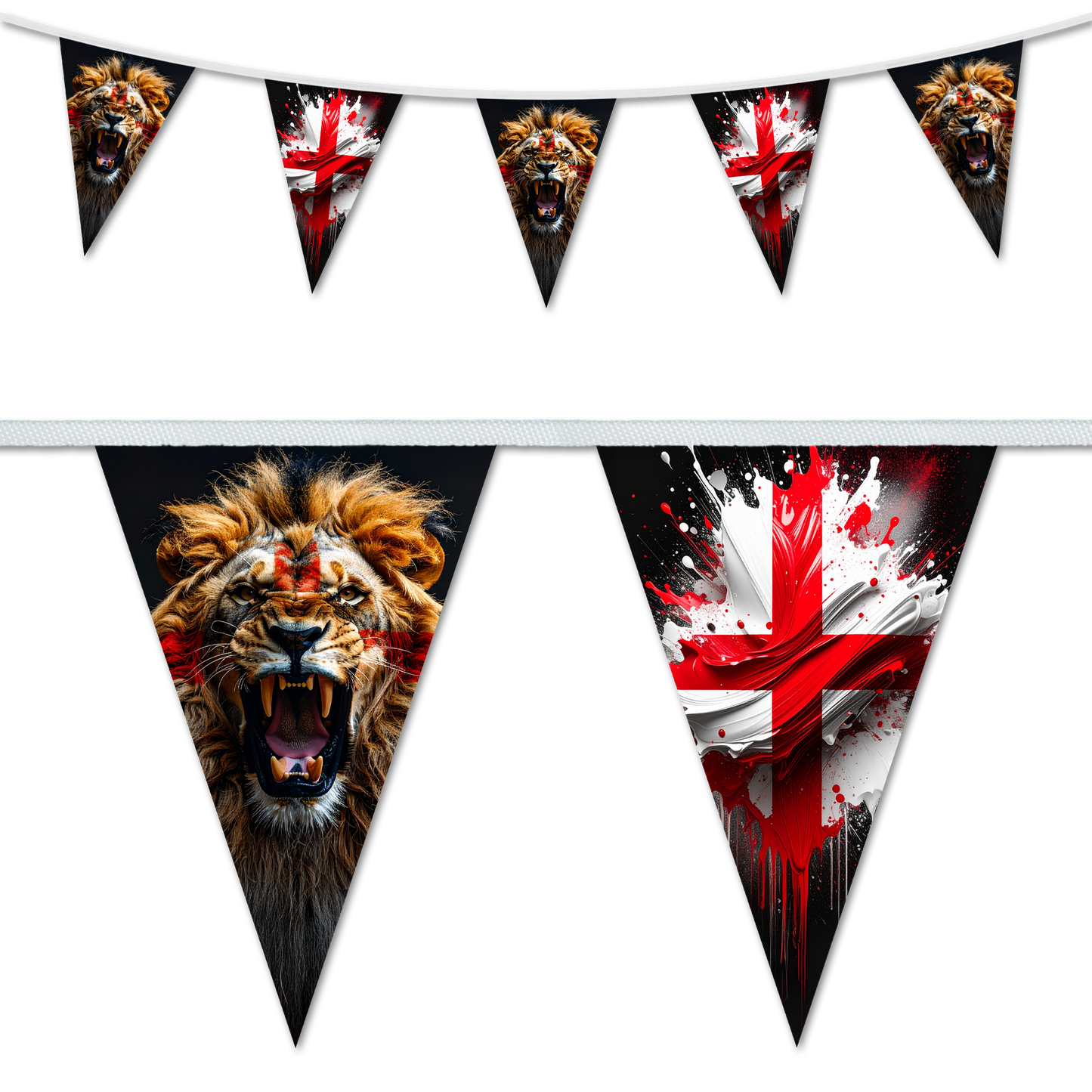 Patriotic bunting featuring a St Georges Cross lion and painted England flag