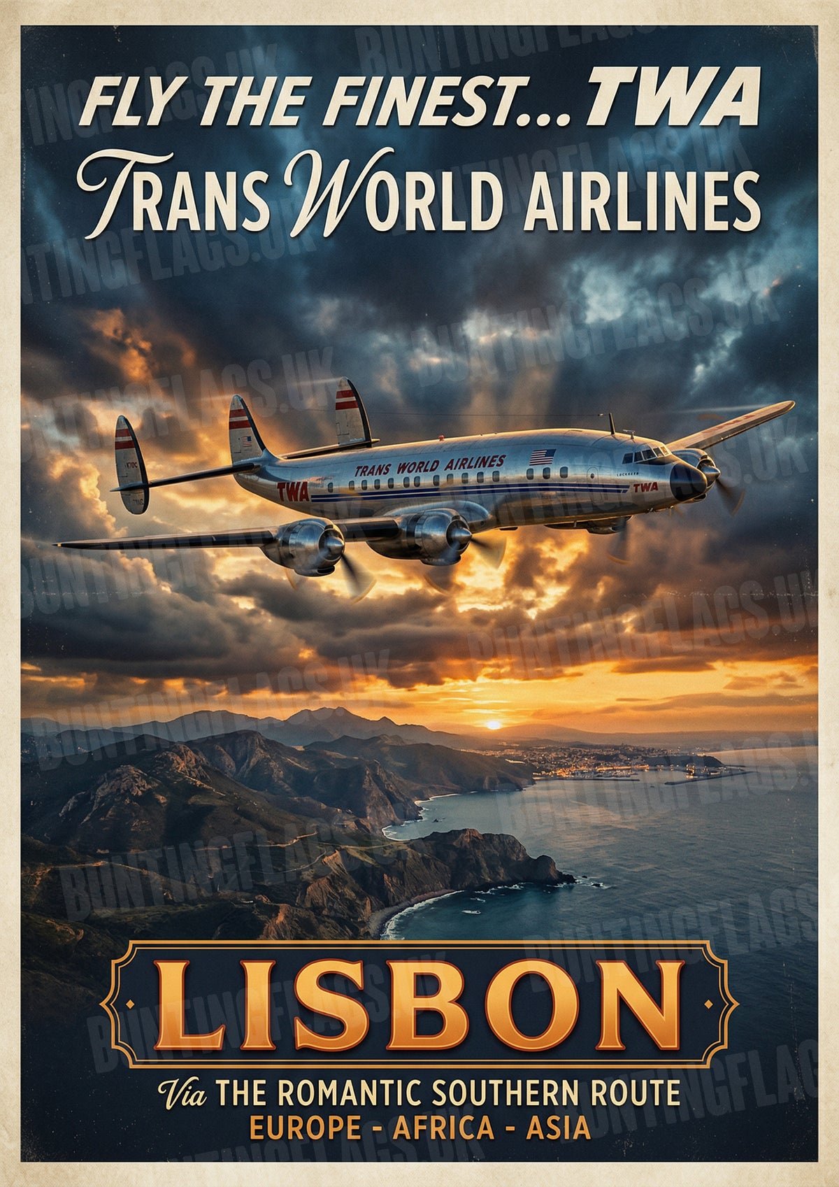 Fly TWA Super Constellation – Lisbon via the Romantic Southern Route – Vintage Travel Poster