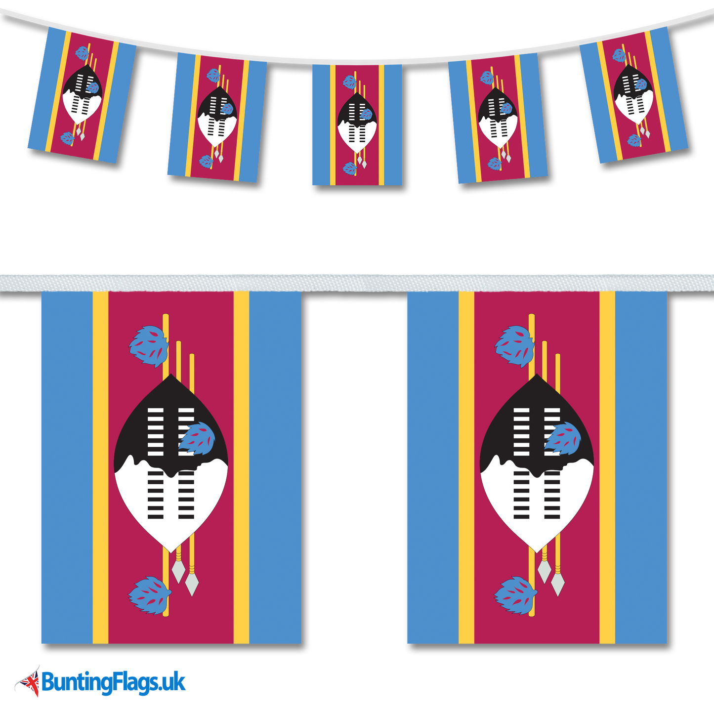 Eswatini (Swaziland) country flag bunting hanging in a length, along with a close-up view showcasing the flag's design.