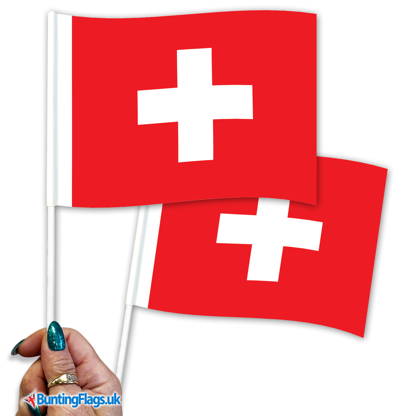 Switzerland hand waving flags