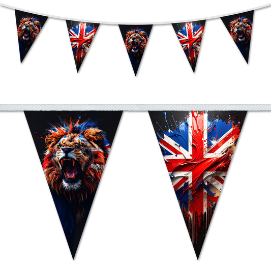 Patriotic United Kingdom bunting featuring a roaring UK lion and painted style union jack flag