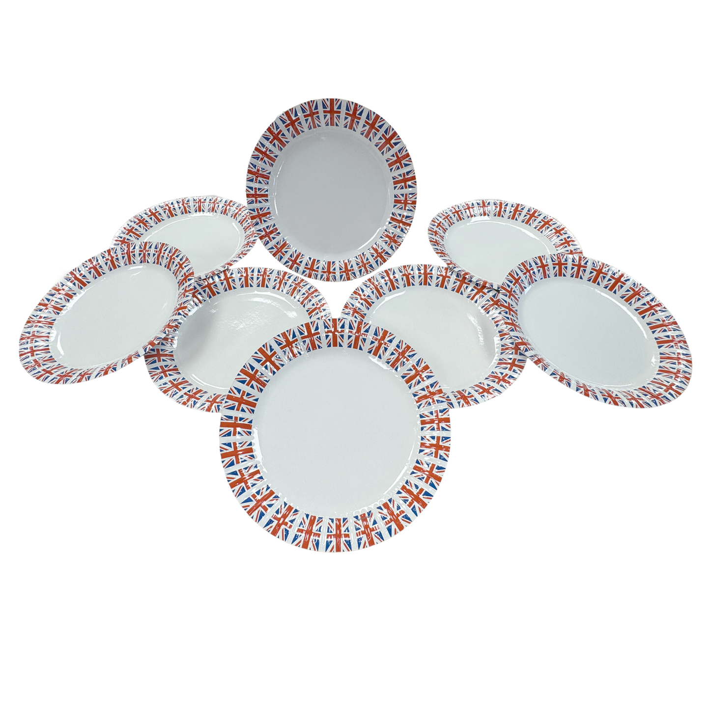 A pack of 8 paper party plates with the Union Jack design on the edge of each plate.