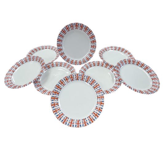 A pack of 8 paper party plates with the Union Jack design on the edge of each plate.