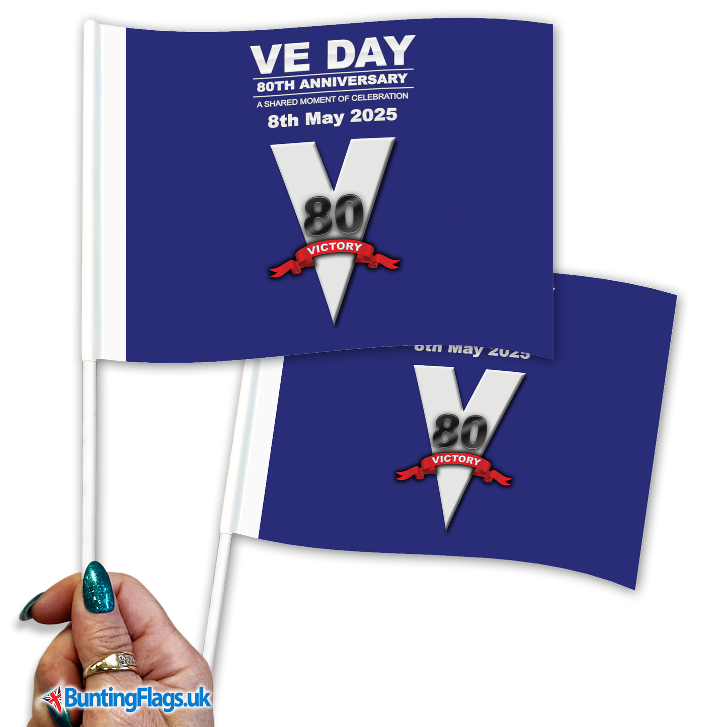 VE Day hand waving flags in blue