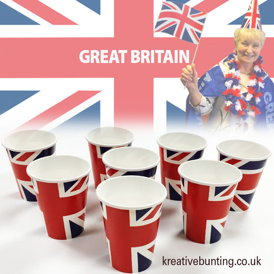 A set of disposable paper party cups designed with the Union Jack flag