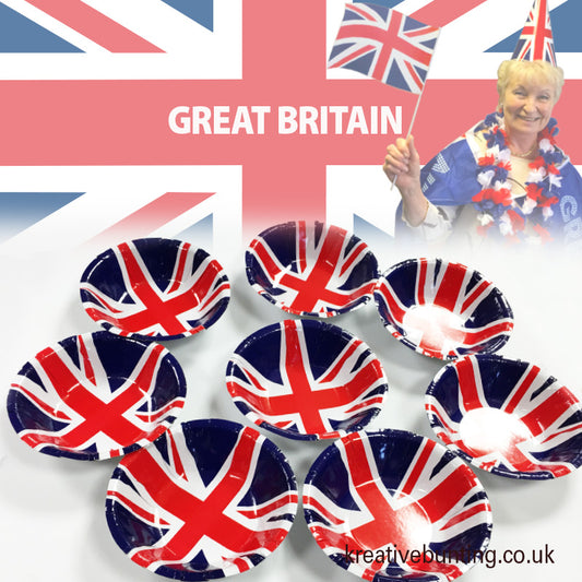 Disposable paper bowls with the Union Jack design, displayed against a background with a person waving a Union Jack flag and the text 'GREAT BRITAIN'.