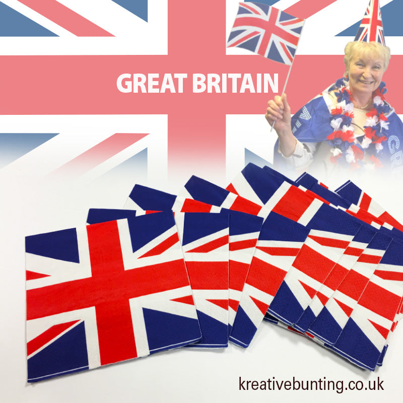 A pack of Union Jack themed paper napkins ideal for parties and celebrations.