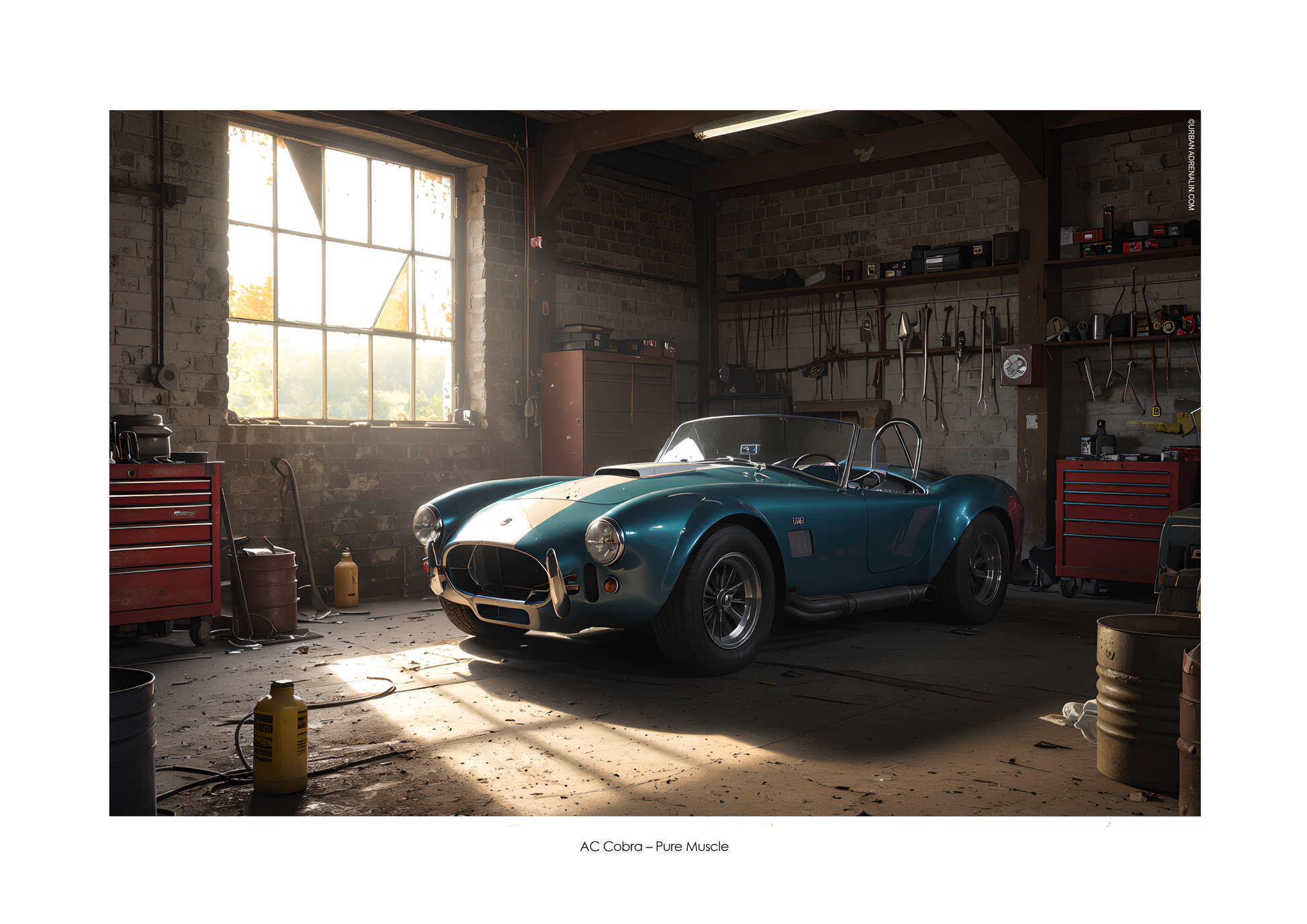 A vintage garage scene poster featuring a blue AC Cobra racing car