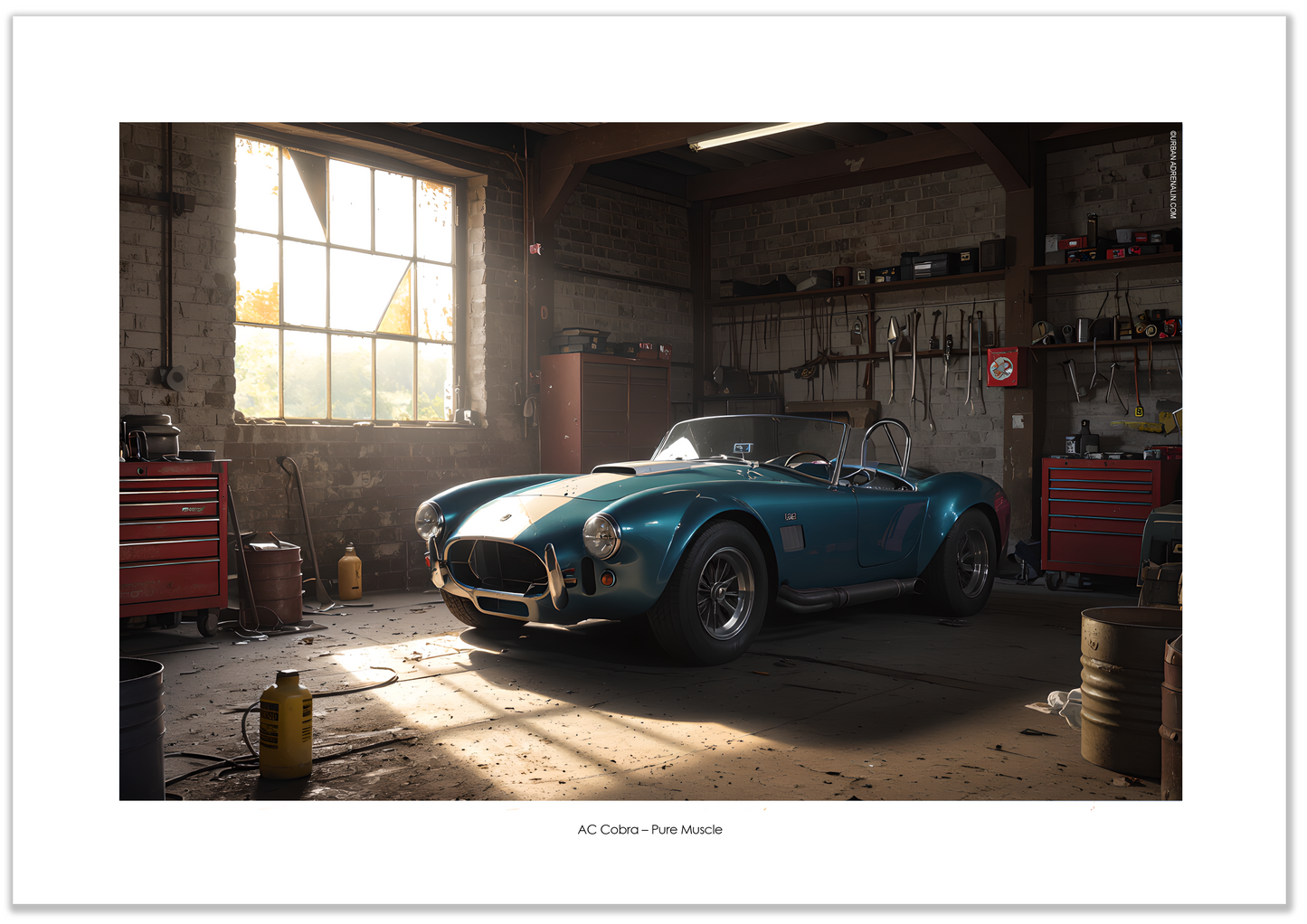 Vintage AC Cobra poster set in a vintage workshop