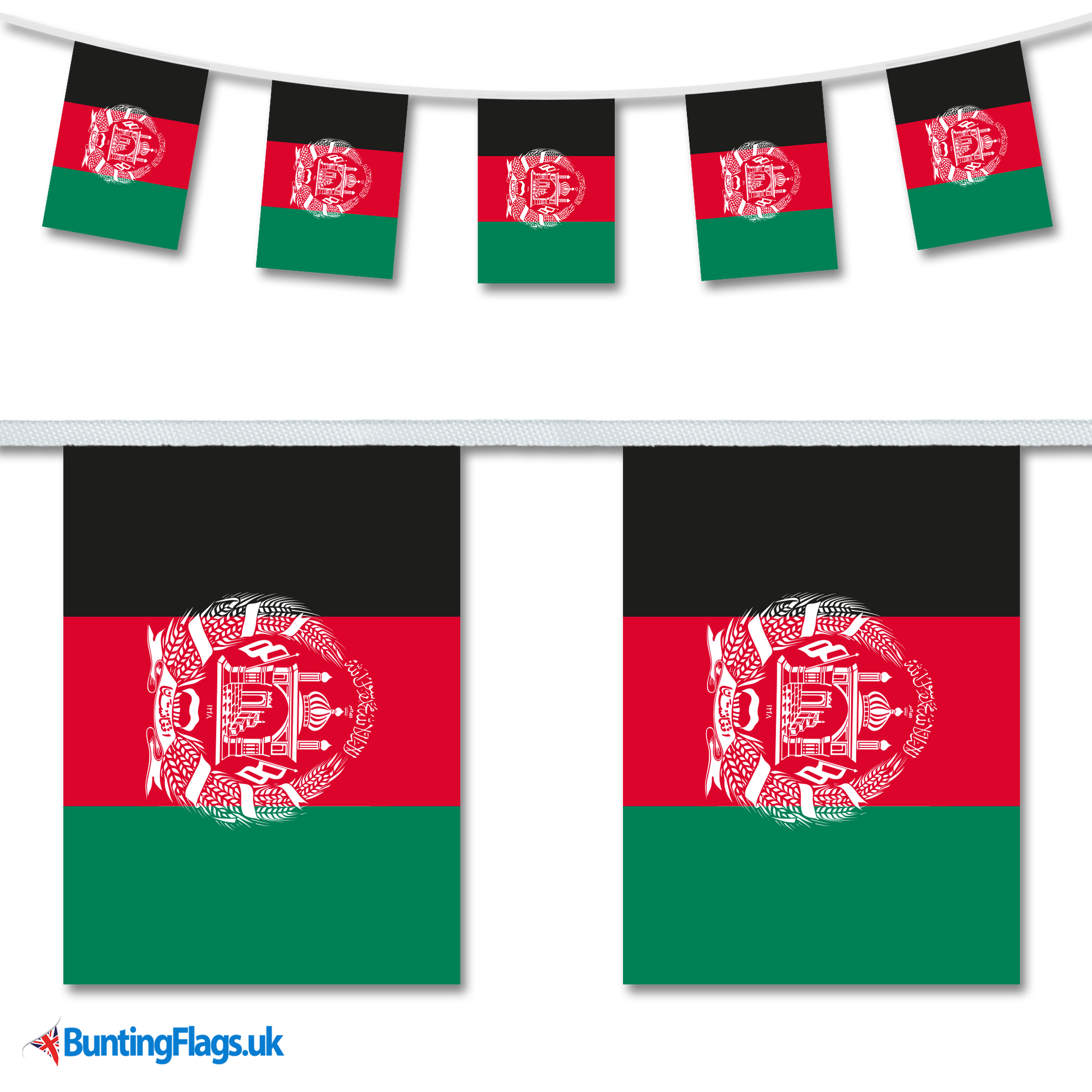Afghanistan National Flag Bunting - showing the Afghan Flag on a length of bunting