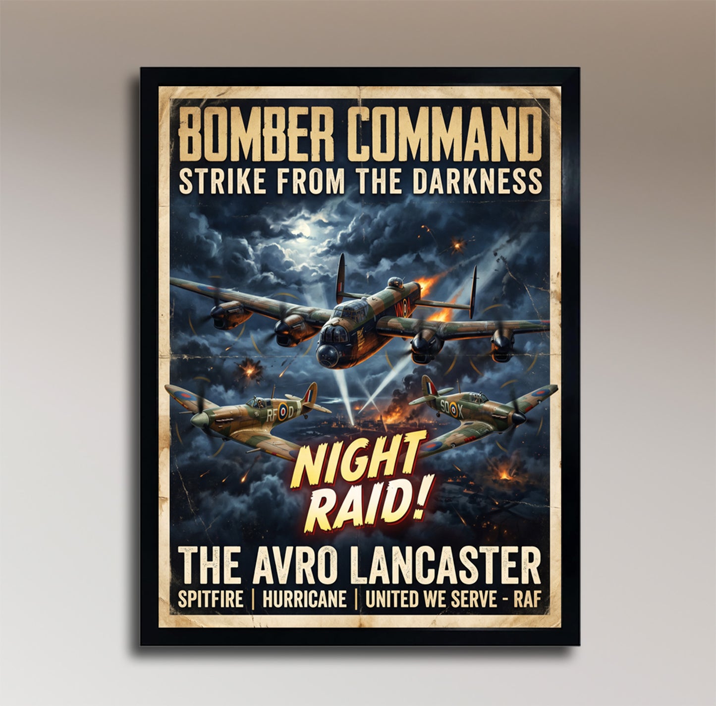 Bomber Command – Strike from the Darkness – Avro Lancaster, Spitfire & Hurricane – Vintage WWII Poster
