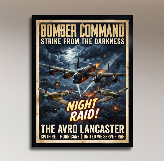 Bomber Command – Strike from the Darkness – Avro Lancaster, Spitfire & Hurricane – Vintage WWII Poster