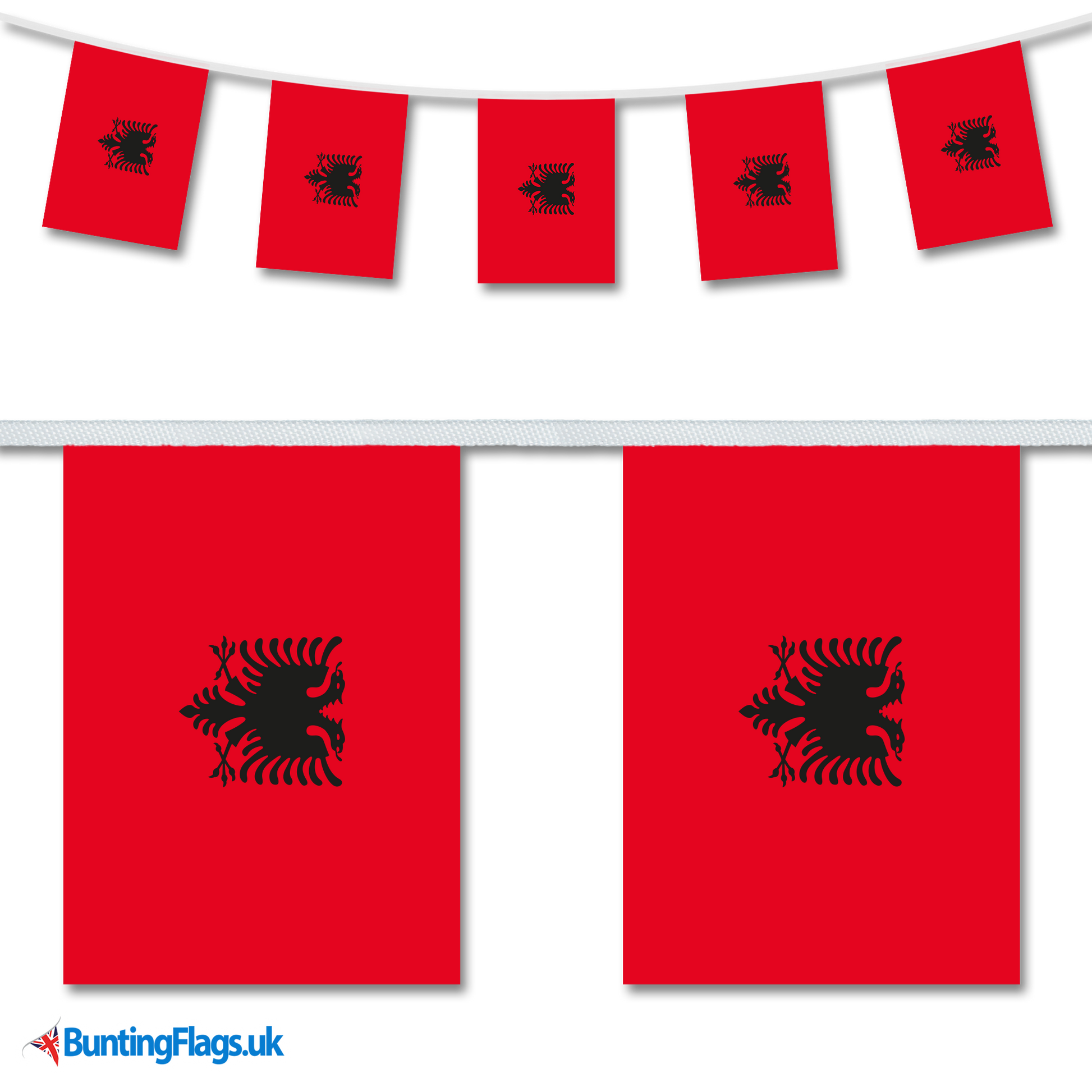 "Albania National flag bunting hanging in a length, along with a close-up view showcasing the flag's design."