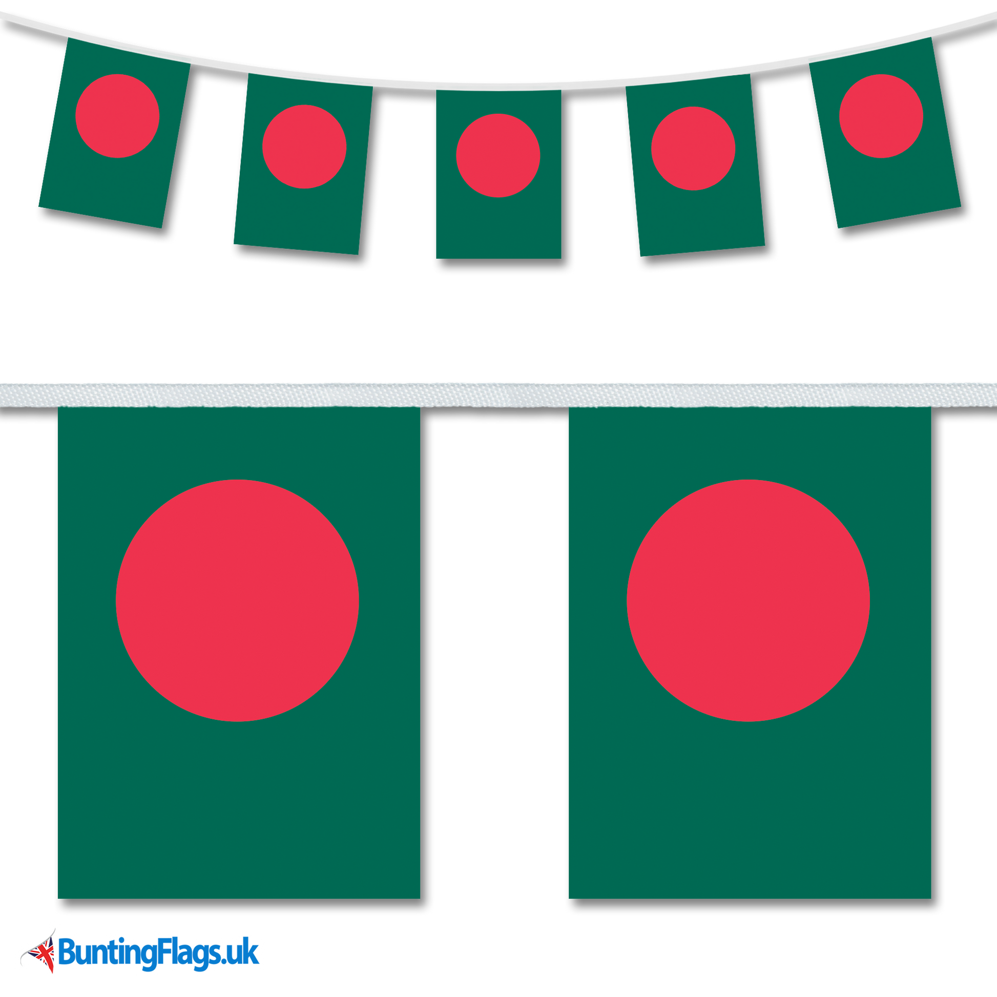 Bangladesh country flag bunting hanging in a length, along with a close-up view showcasing the flag's design.