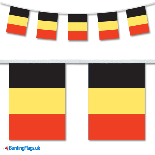 Belgium country flag bunting hanging in a length, along with a close-up view showcasing the flag's design.