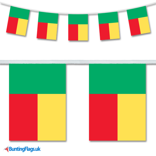 Benin country flag bunting hanging in a length, along with a close-up view showcasing the flag's design.