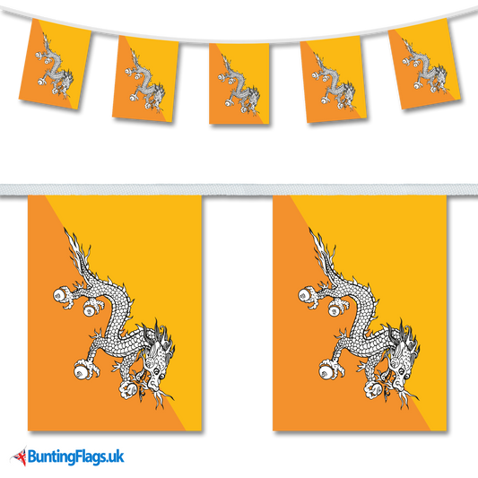 Bhutan country flag bunting hanging in a length, along with a close-up view showcasing the flag's design.