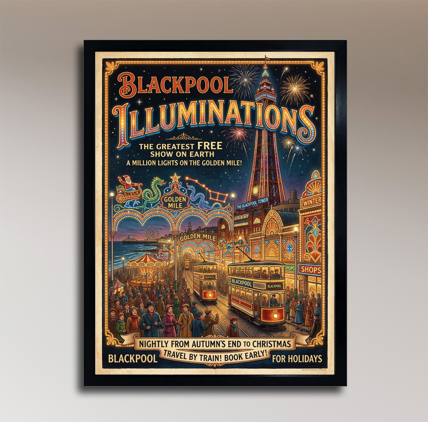Blackpool Illuminations – The Greatest Free Show on Earth – Vintage Travel Poster