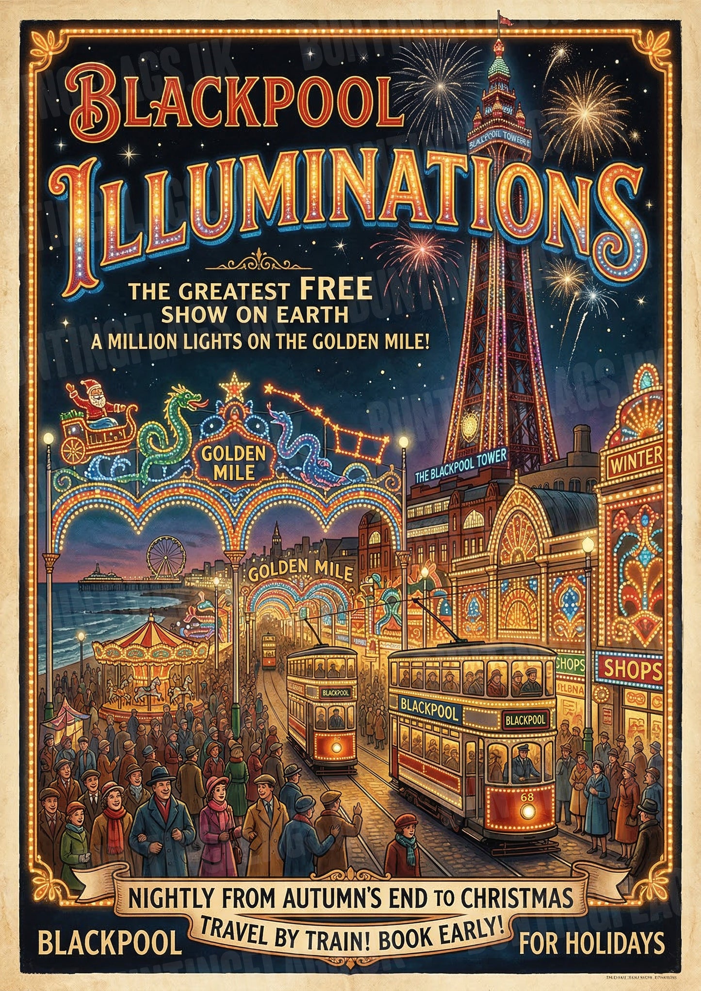 Blackpool Illuminations – The Greatest Free Show on Earth – Vintage Travel Poster