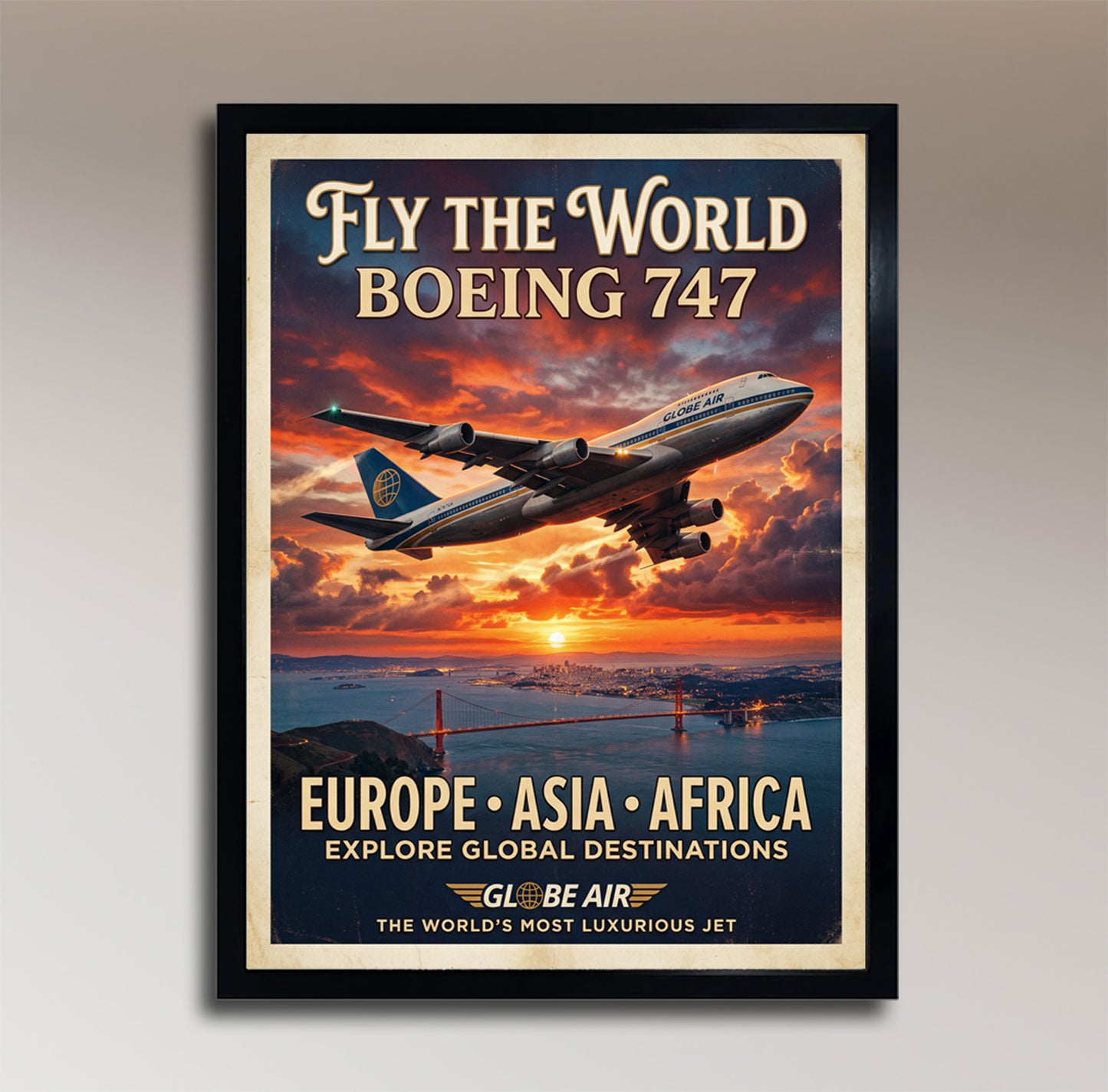 Fly the World – Boeing 747 – Vintage Globe Air Poster