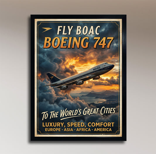 Vintage BOAC Boeing 747 Airline Poster – Golden Hour Sunset Art