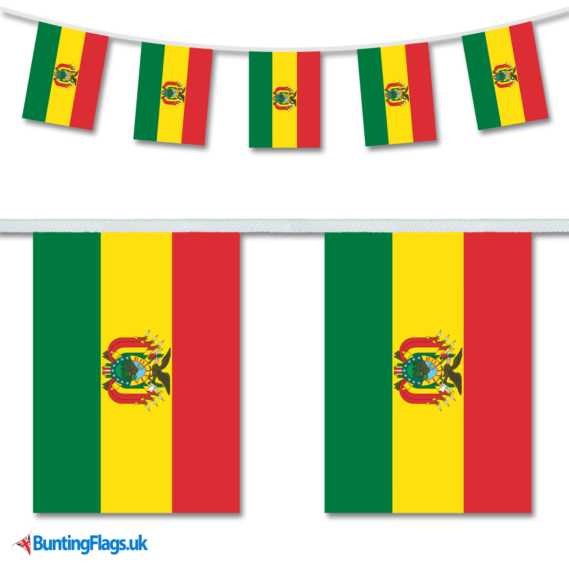 Bolivia country flag bunting hanging in a length, along with a close-up view showcasing the flag's design.