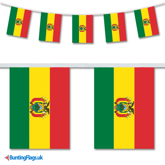 Bolivia country flag bunting hanging in a length, along with a close-up view showcasing the flag's design.