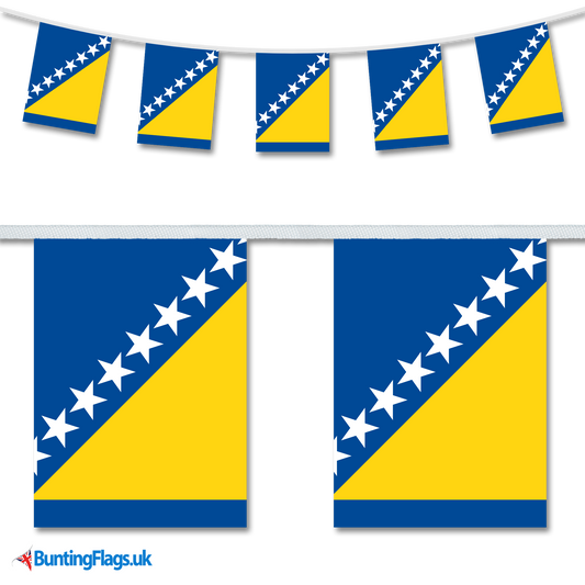 Bosnia and Herzegovina country flag bunting hanging in a length, along with a close-up view showcasing the flags' design.
