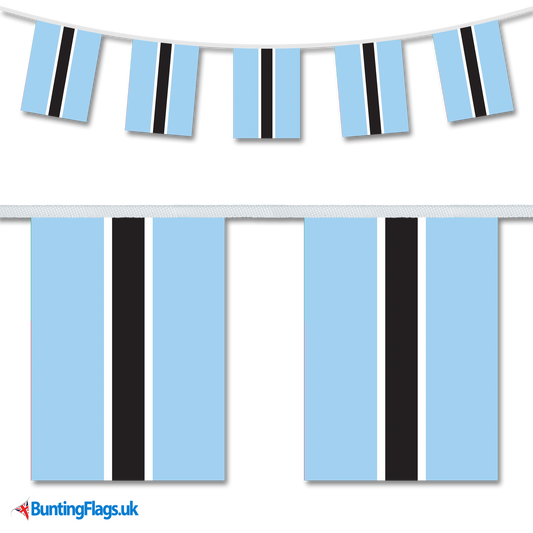 Botswana country flag bunting hanging in a length, along with a close-up view showcasing the flag's design.