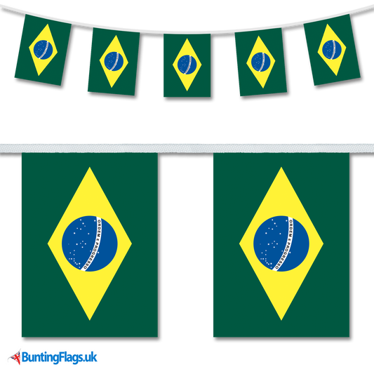 Brazil country flag bunting hanging in a length, along with a close-up view showcasing the flag's design.