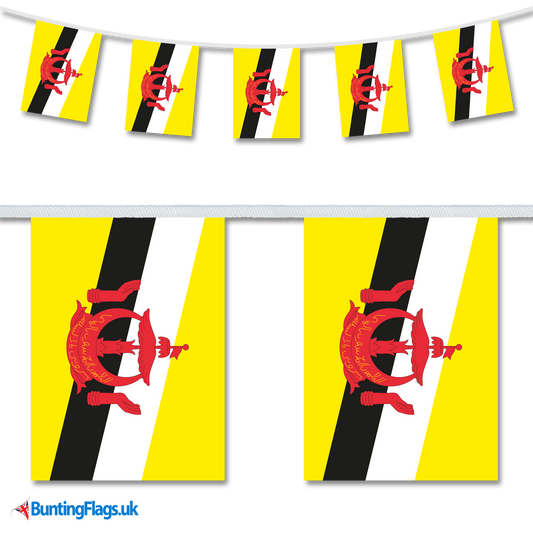 Brunei country flag bunting hanging in a length, along with a close-up view showcasing the flag's design.