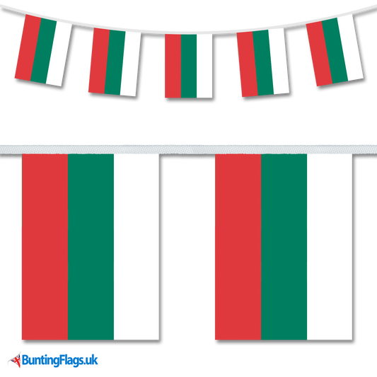 Bulgaria country flag bunting hanging in a length, along with a close-up view showcasing the flag's design.