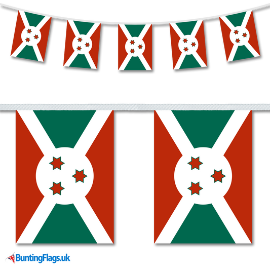 Burundi country flag bunting hanging in a length, along with a close-up view showcasing the flag's design.