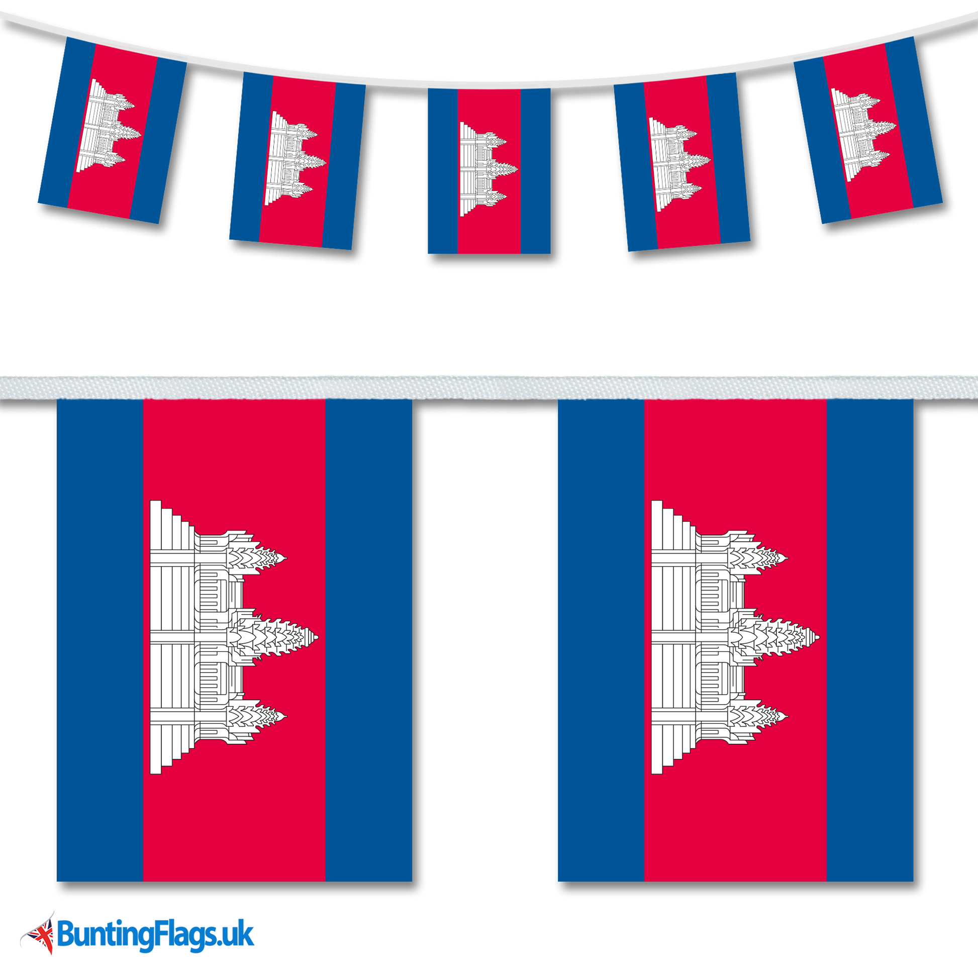 Cambodia country flag bunting hanging in a length, along with a close-up view showcasing the flag's design.